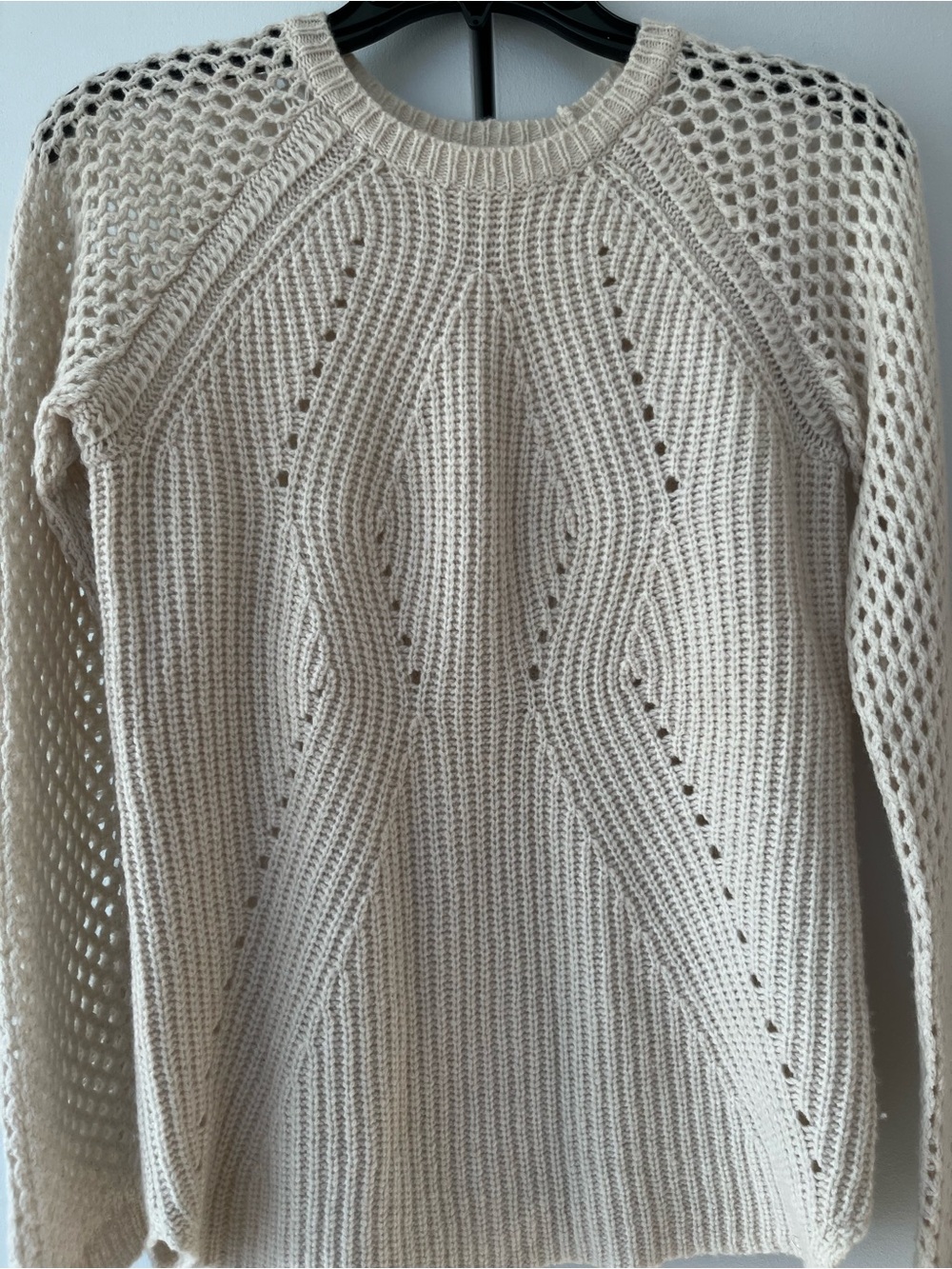 Rebecca Taylor Cream Open Stitch Chunky Diamond Cable Knit Crewneck Sweater